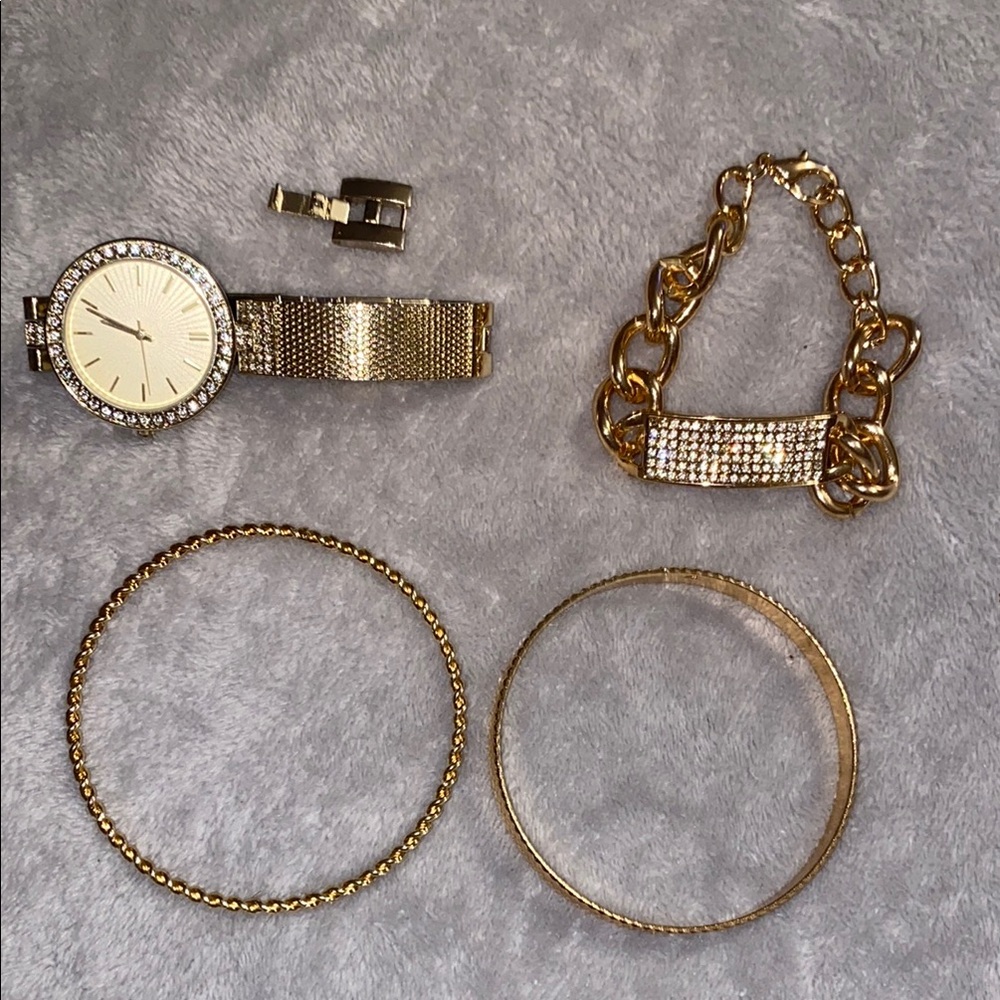 Gold Watch and Bracelet Set Accessories